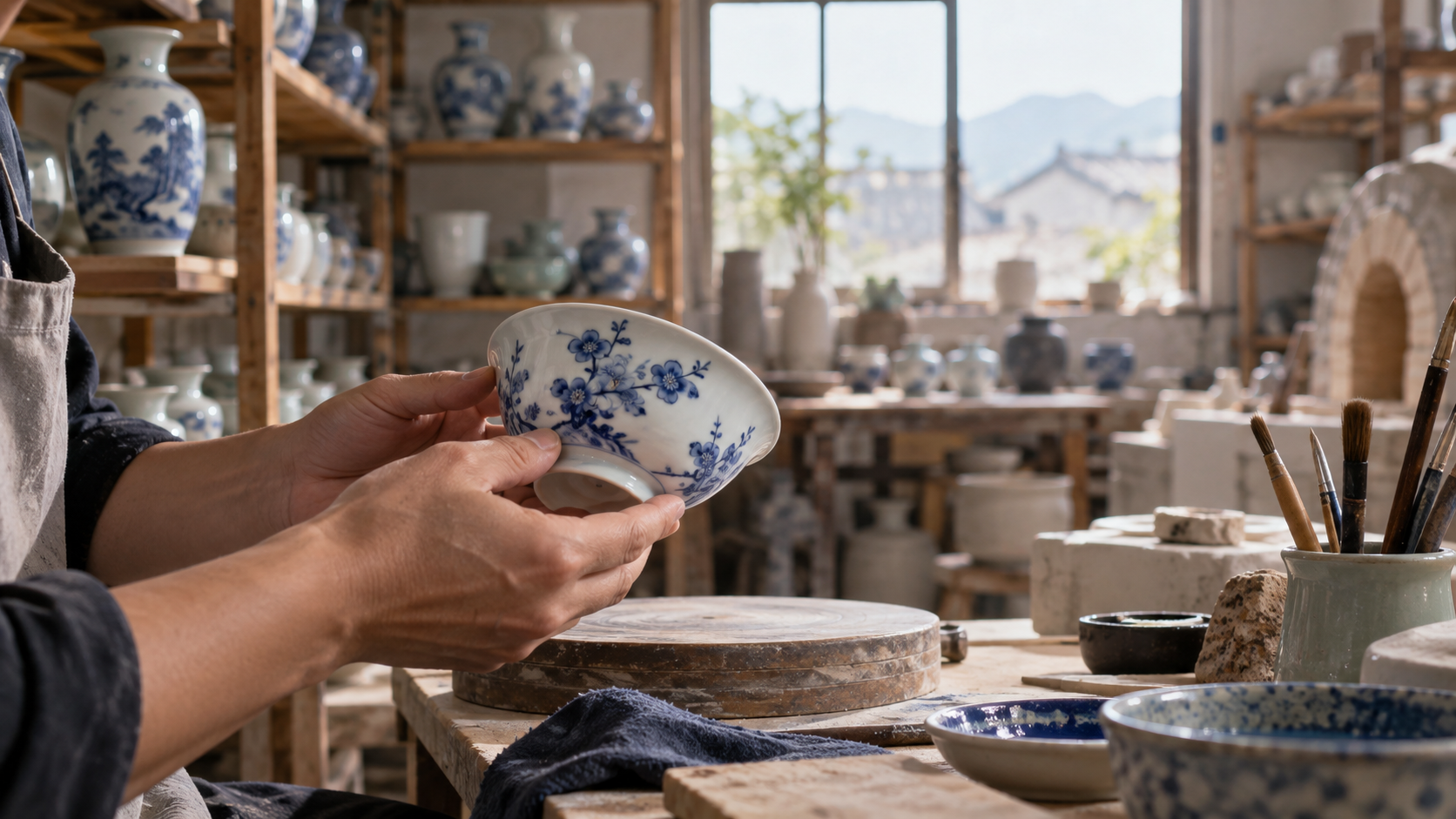 AI-generated ceramics studio scene inspired by Jingdezhen