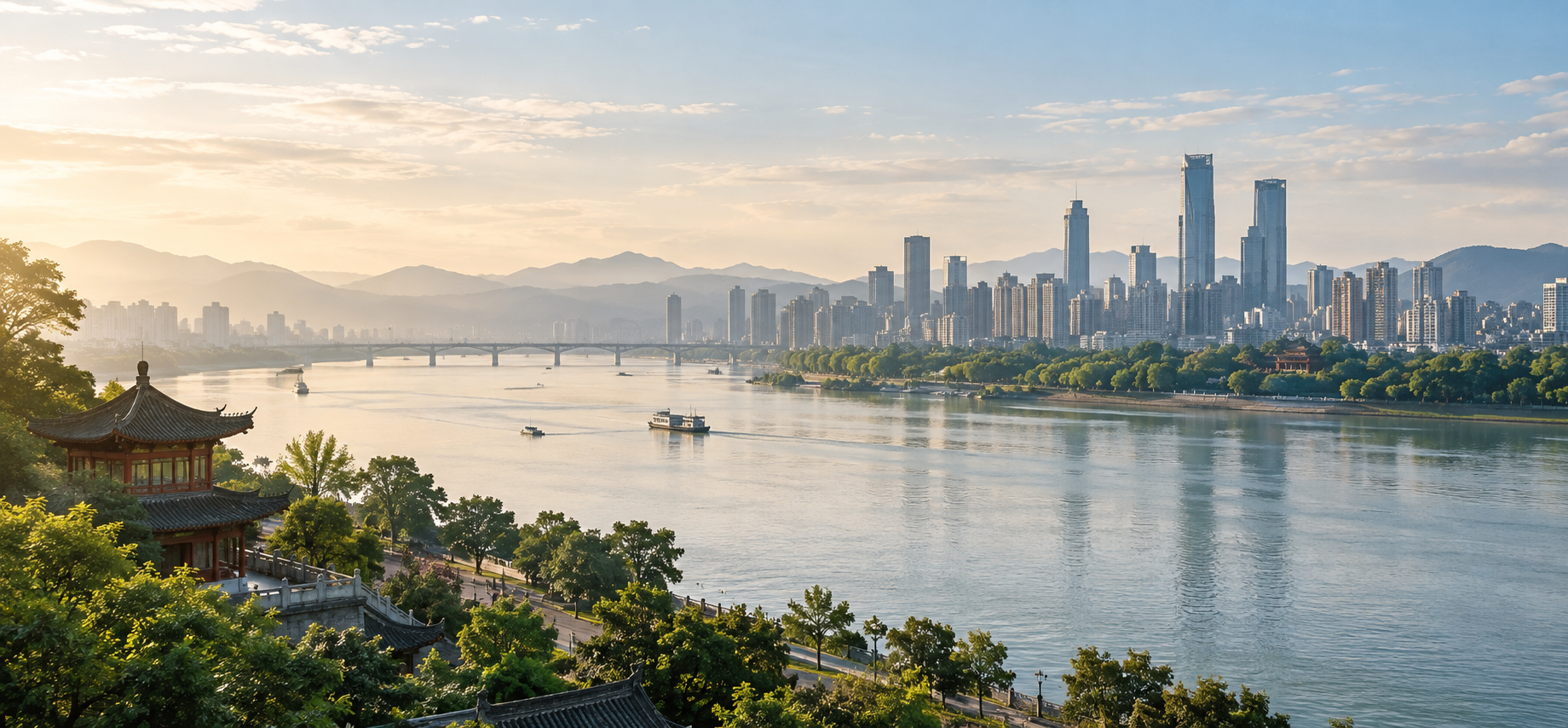 AI-generated riverfront scene inspired by Nanchang